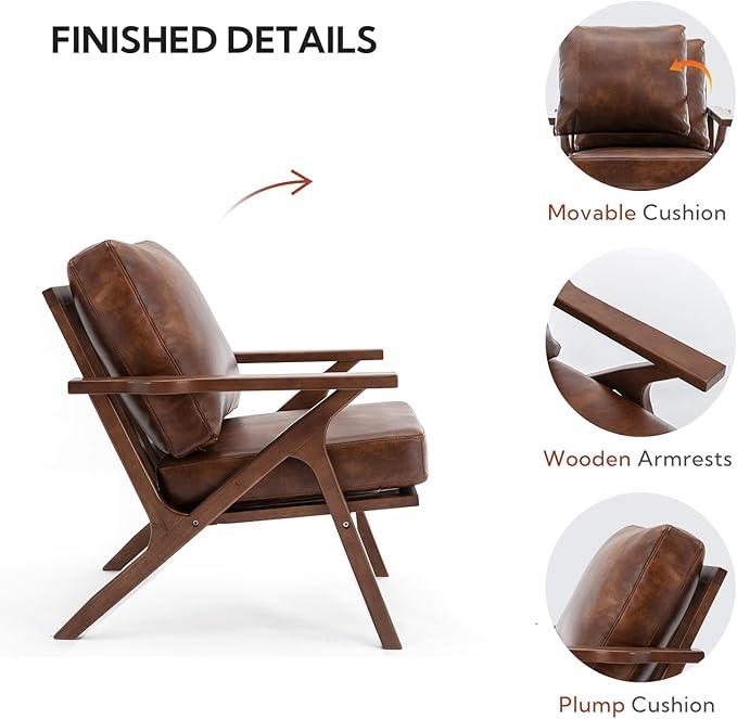 Bonzy Home Faux Leather Accent Chair for Living Room,Upholstered Armchair with Cushions and Solid Wood Frame, Mid-Century Modern Lounge Chair for Bedroom or Office,Brown