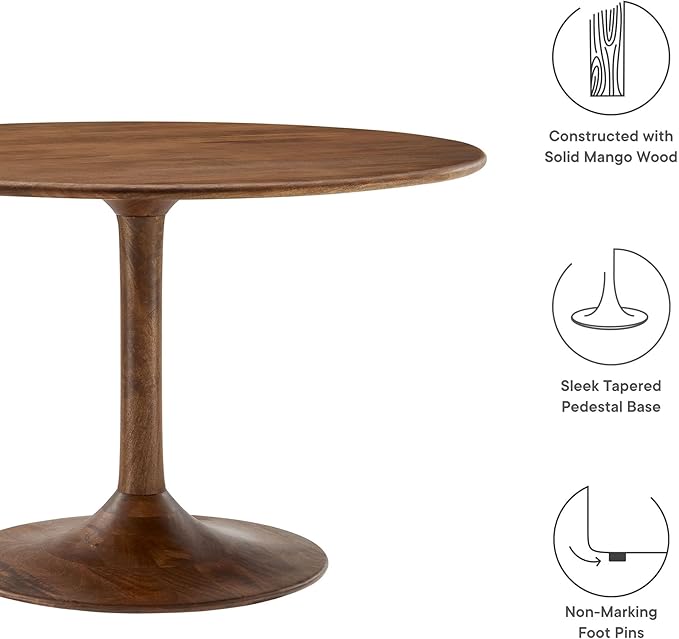 Modway Lippa 48 Inch Round Wood Dining Table in Walnut – Solid Mango Wood Tabletop with Pedestal Base - Mid Century Modern Dining Room Furniture - Kitchen Table for 4-6 Person