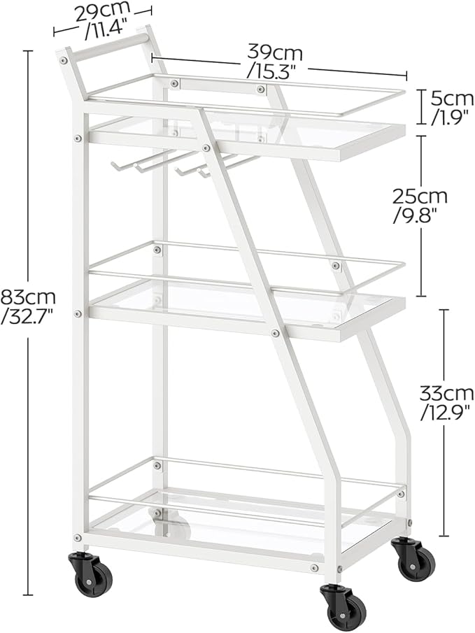Bar Cart for The Home, Small Bar Cart on Wheels, Home Bar Serving Cart with Glass Holder, for Kitchen, Transparent and White BC03WT