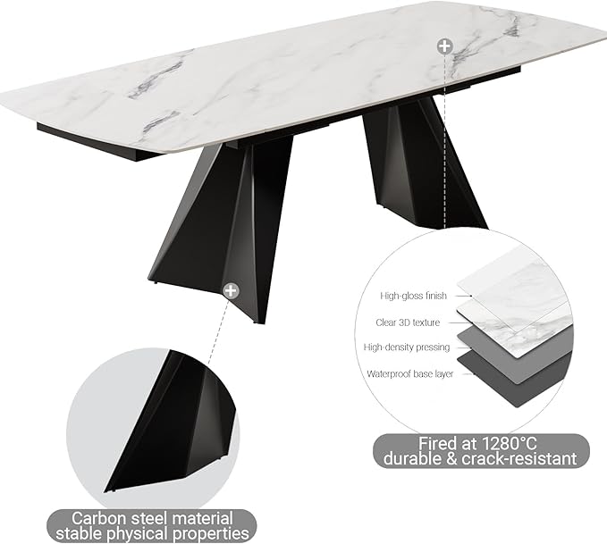 Expandable Dining Table with Leaf, 65"-95" Rectangular Sintered Stone, Marble-Look Top, Seats 6-12, Metal Base, Easy-Clean, Heat & Scratch Resistant, Dining Room/Kitchen Table for Family Gatherings