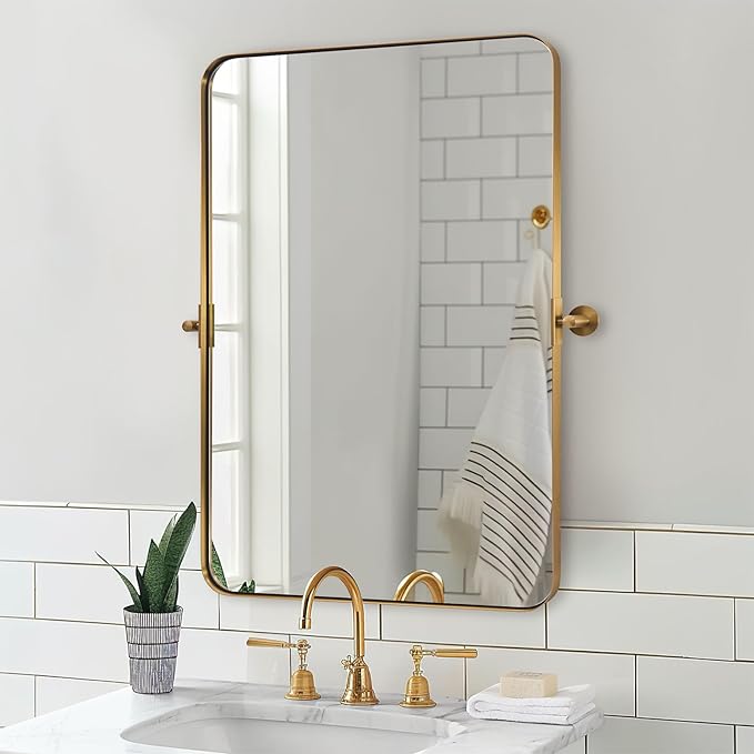 MOON MIRROR Brushed Gold Pivot Mirror, Brass Tilt Vanity Rectangle Pivot for Bathroom, Overall 24.33 x 28 inches(Mirror 20 x 28 inches)