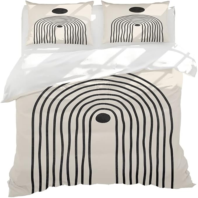 Black Beige Mid Century Modern Duvet Cover Set Twins Size 1 Duvet Cover 2 Pillowcases Abstract Geometric Black Sun Art Boho Comforter Cover Microfiber Soft Bedding Sets with 2 Pillowcover