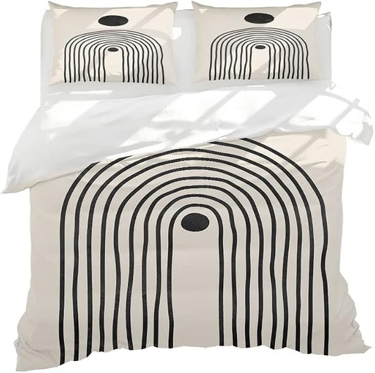 Black Beige Mid Century Modern Duvet Cover Set Queen Size 1 Duvet Cover 2 Pillowcases Abstract Geometric Black Sun Art Boho Comforter Cover Microfiber Soft Bedding Sets with 2 Pillowcover