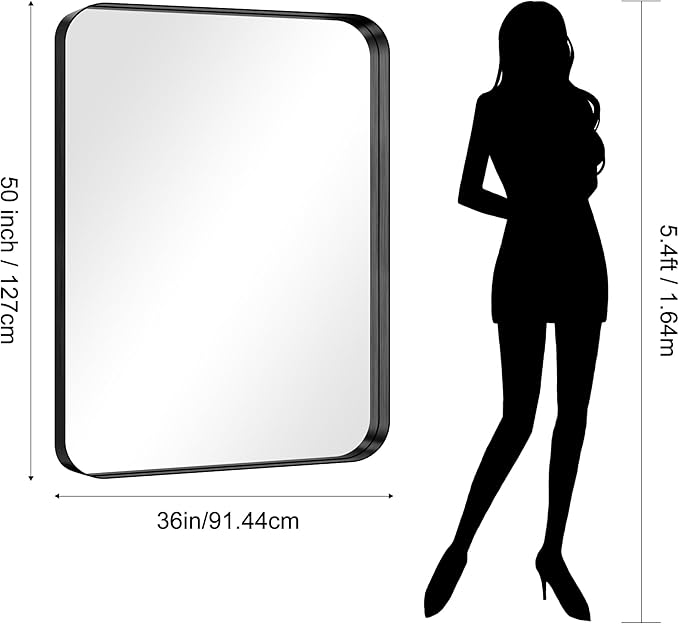 CIRCUMI Black Bathroom Mirror, 36"x50" Rectangular Mirror with Deep Metal Frame, Rounded Corner, Tempered Glass, Large Mirror for Wall, Over 2 Sinks, Installed Vertically/Horizontally, Crystal-Clear