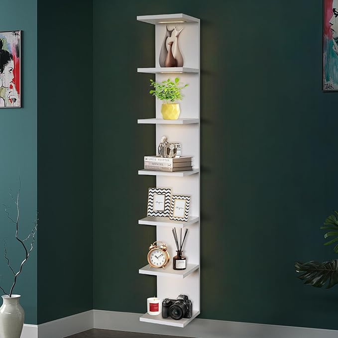 7-Tier Wall Shelf with 3 LED Lighting Modes, Multifunctional Wall Mounted Vertical Display Floating Shelf for Bedroom Living Room Vanity, White
