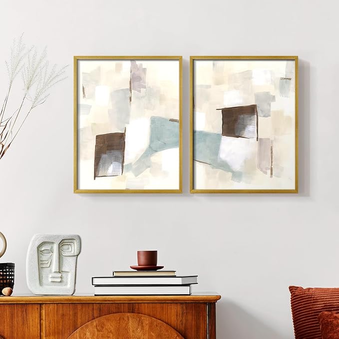 Renditions Gallery Set of 2 Peel & Stick Framed Prints, Abstract Wall Art, Minimalist Color Block Brush Strokes Wall Decor, Re-Stickable - Ready to Hang - 8"x10" - GOLD Frame LT588