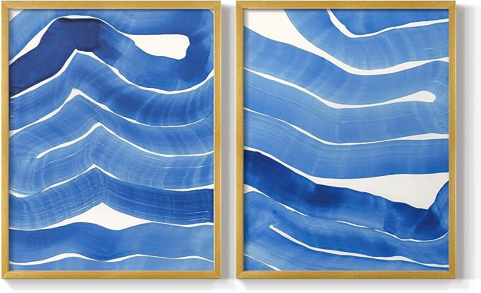 Renditions Gallery Set of 2 Peel & Stick Framed Prints, Watercolor Abstract Wall Art, Bold Brushstrokes in Shades of Blue Wall Decor, Re-Stickable - Ready to Hang - 22"x28" - GOLD Frame LT588