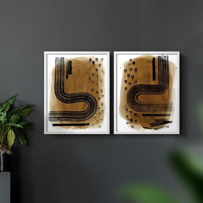 Renditions Gallery Set of 2 Peel & Stick Framed Prints, Abstract Wall Art, Hand Drawn Ink Curves Wall Decor, Re-Stickable - Ready to Hang - 22"x28" - White Frame LT588