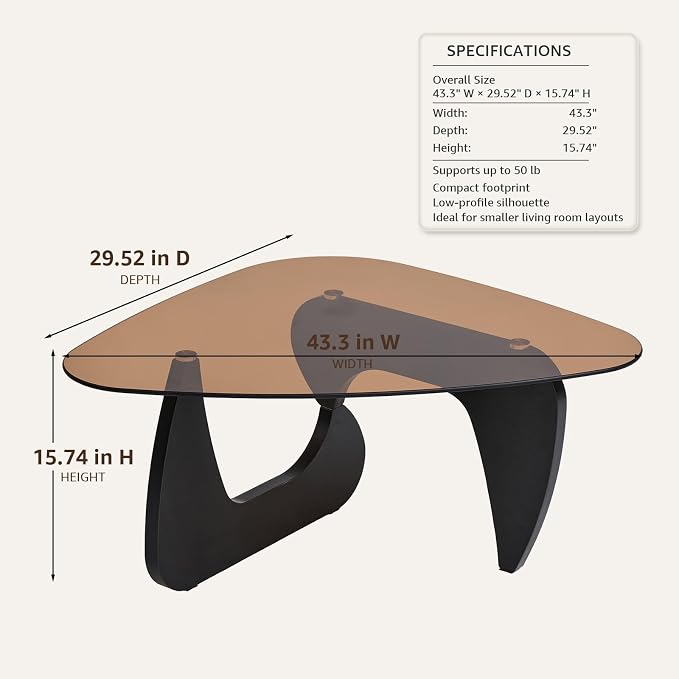 Black Glass Coffee Table for Living Room, 43.3" Triangle Coffee Table with Smoked Glass Top and MDF Wood Base, Mid Century Modern Center Table for Apartment, Sofa, Lounge, Reception