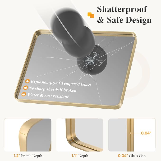 NEWBULIG 24X36 Inch Bathroom Mirror for Over Sink, Wall Vanity Mirrors Tempered Glass, Anti-Rust Metal Framed Rounded Rectangle, Hangs Horizontally or Vertically, Farmhouse Home Decor, Gold