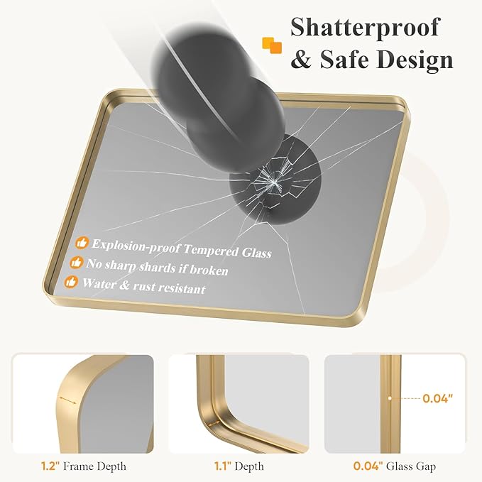 NEWBULIG 20X28 Inch Bathroom Mirror for Over Sink, Wall Vanity Mirrors Tempered Glass, Anti-Rust Metal Framed Rounded Rectangle, Hangs Horizontally or Vertically, Farmhouse Home Decor, Gold