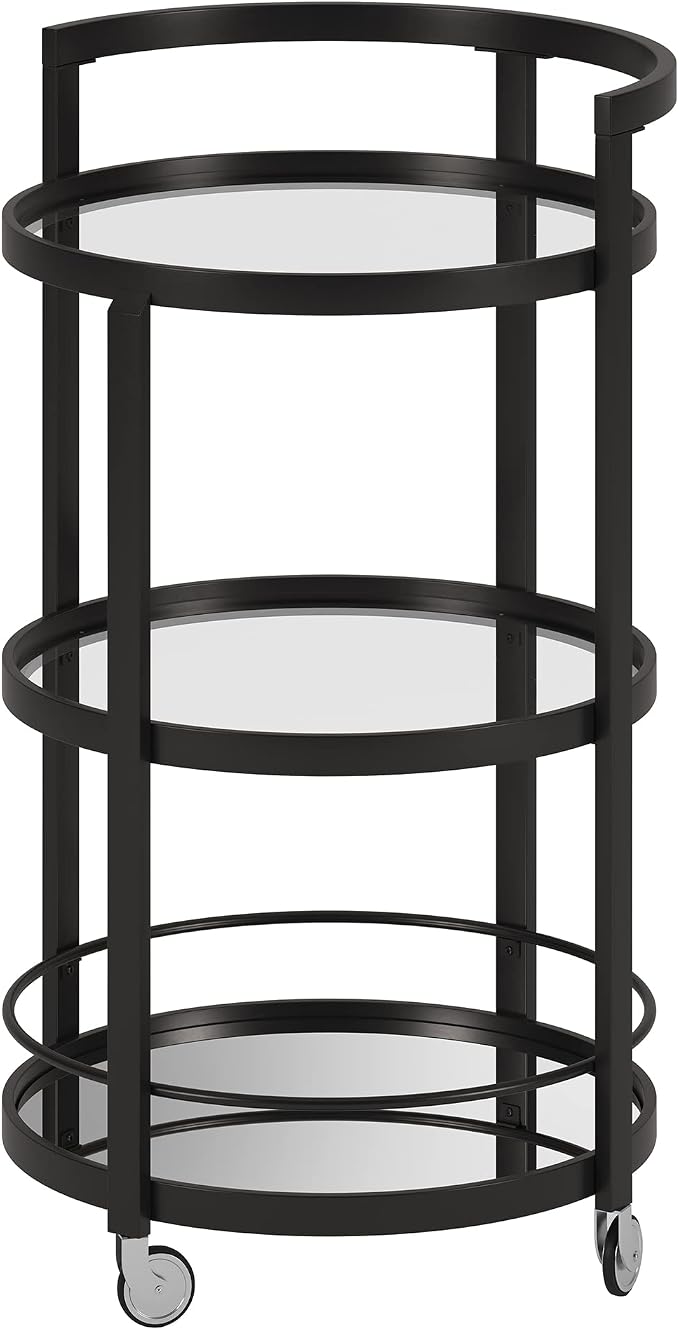 Henn&Hart 21" Modern Round 3-Tier Portable Bar Cart Home Bar Serving Cart for Home with Glass Shelves, Handle, and Caster Wheels for Dining Room, Living Room, or Kitchen, Black