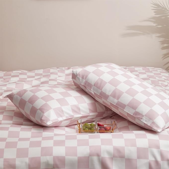 Pureant Pink White Plaid Comforter Sets King Women Men Bean Pink and White Checkerboard Grid Bedding Comforters Cotton Boys Girls Modern Dusty Pink Checkered Geometric Quilts Luxury Abstract Bed
