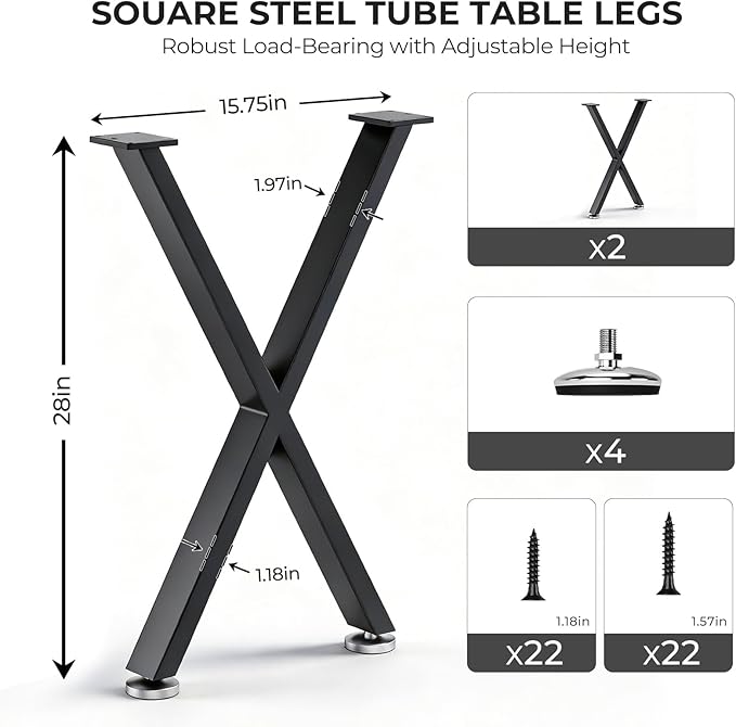 Table Legs 28”H x 16”W Heavy Duty Metal Furniture Legs X Shape for Dining Table Kitchen Table Office Desk Table Base Replacement with Adjustable Feet Pads Screws 1000 LBS Load Black Set of 2