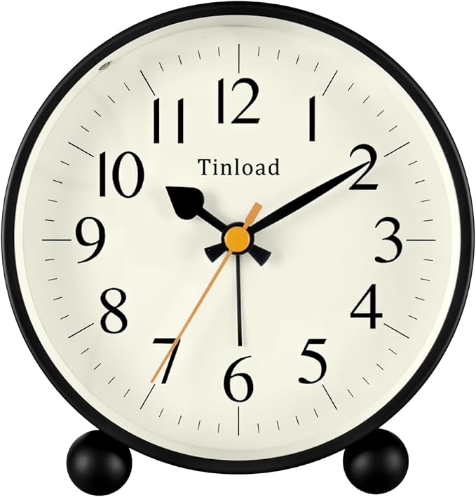 Tinload 4.5" Vintage Retro Analog Alarm Clock, Super Silent Non Ticking Small Clock with Manual Light, Snooze, Battery Operated, for Living Room, Bedroom, Bedside, Desk(Black)