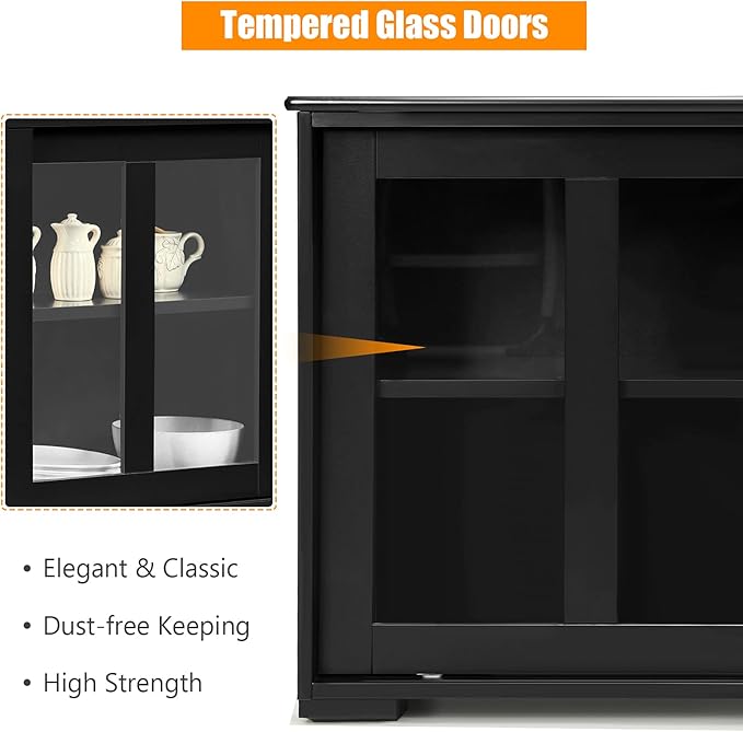 Sideboards Buffet Cabinet, Sliding Tempered Glass Door Coffee Bar, Console Table with Adjustable Shelf, Credenzas for Living Room, Stackable Kitchen Cupboard for Dining Room (Black)