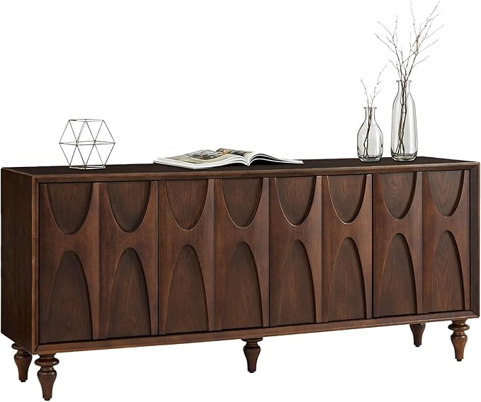 LKTART 62.99" Sideboard Buffet Cabinet with Storage, Solid Wood Kitchen Storage Cabinet Credenza Accent Console Table with Solid Wood Roman Legs Dovetail Door Trim Panel Ash Veneer,Walnut