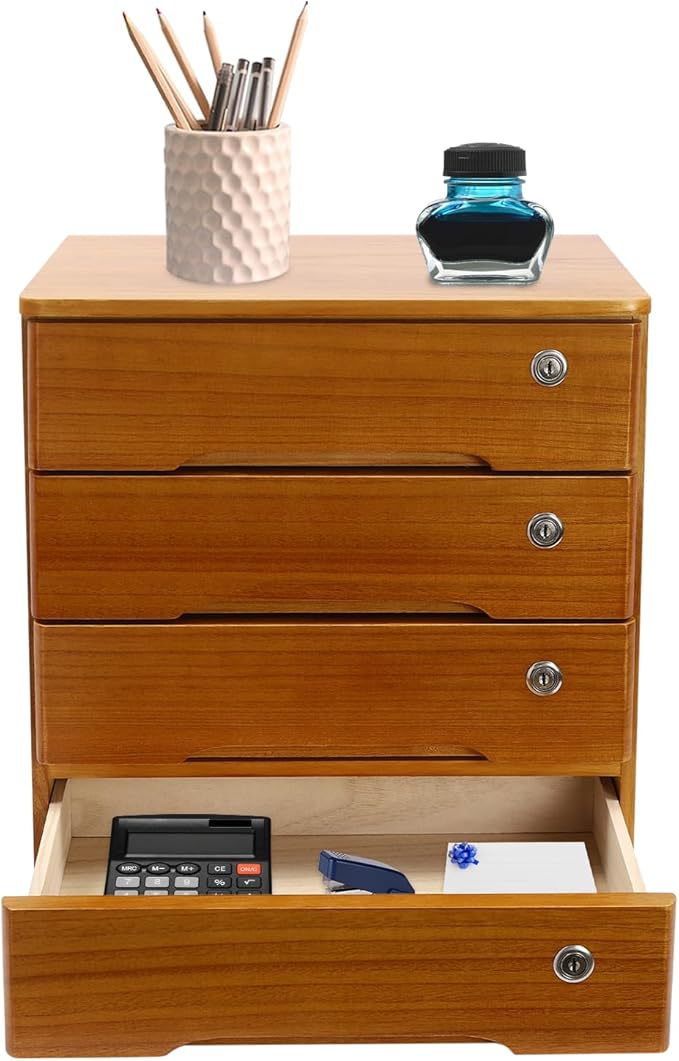 Desktop File Organizer with Lock, 2/3/4 Tier Multi-Drawer Wooden Storage Cabinet, Office Supply Organizer for Home Desk, Study & Workplace (Brown, 4 Layers)