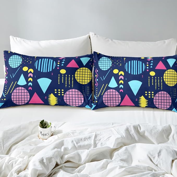 Geometric Duvet Cover 80s and 90s Hip Hop Bedding Set,Hipster Funky Comforter Cover Eighties Fashion Style Queen Bed Set,Round Triangle Square Diamond Shapes Artwork 1990S Memphis Home Decor