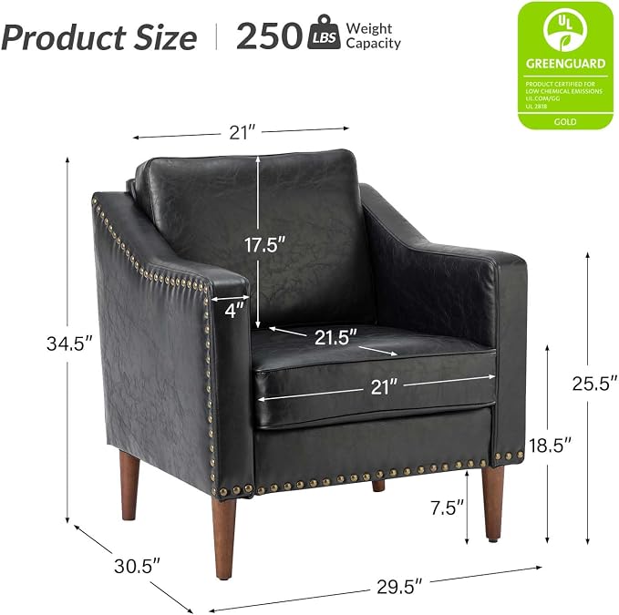HULALA HOME Faux Leather Accent Armchairs Set of 2 with Back & Seat Cushions, Traditional Club Chairs with Nailhead Trim, Comfy Upholstered Sofa Chairs for Living Room Bedroom, Black