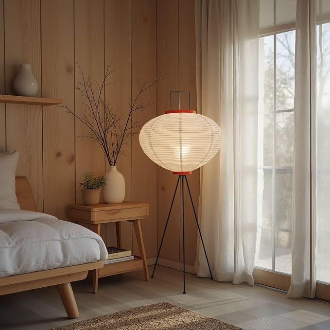Nogy Noguchi Japanese Rice Paper Floor Lamp • 3000K Akari Standing Light for Living Room Bedroom, Modern Paper Lamp Design, Warm White Ambiance Lighting
