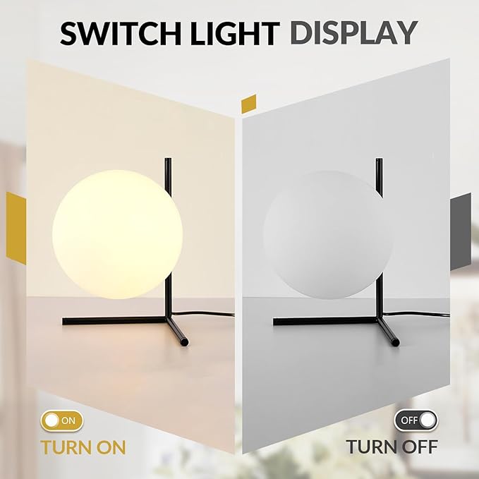 BOKT Modern Mid Century Matte Black Globe Table Lamp Post Modern Mini White Glass Desk Lamp Industrial Farmhouse Nightstand Bedside Lamp Lighting Fixture