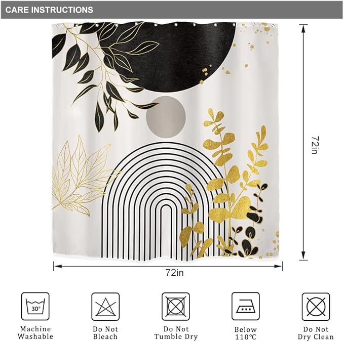 Riyidecor Black Gold Mid Century Modern Shower Curtain for Bathroom Decor 72Wx72H Boho Abstract Gold Leaves Minimalist Geometric Arch Sun Art Printed Fabric Polyester Waterproof 12 Pack Plastic Hooks