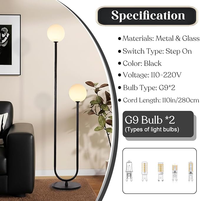 Mid Century Black U-Shape Floor Lamp 60inch Tall Globe Glass Stand Floor Light Modern Black Floor Lamp for Living Room Bedrooms Offices,Milk White Glass Lampshade,G9 Bulb