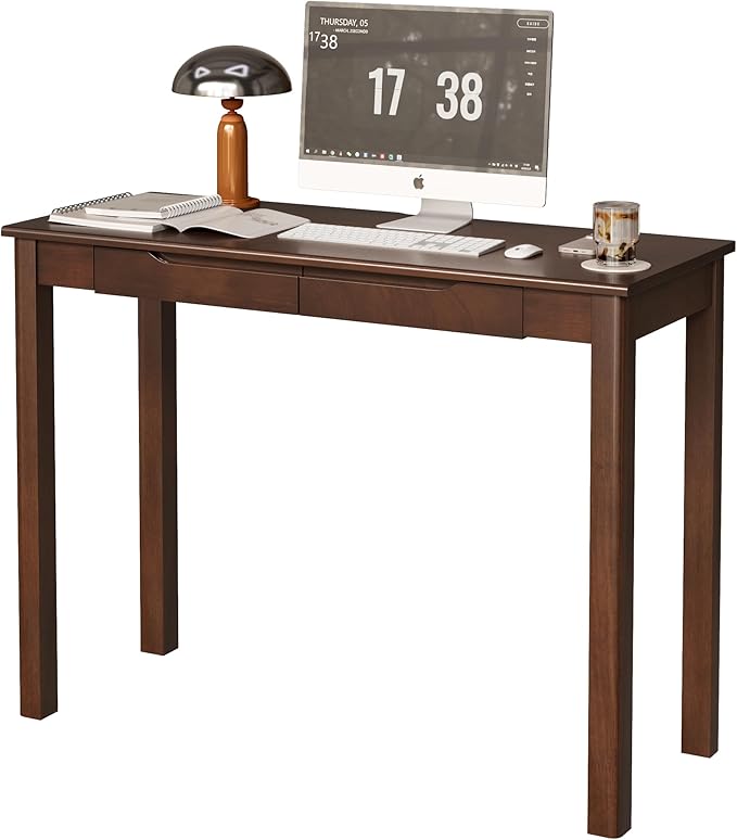 Solid Wood Desk with Drawers - 39 x 16 Inch Vintage Narrow Desks, Mid Century Modern Desks, Rubber Wood Study Table, Small Writing Desk for Bedroom|Small Spaces - Walnut Color