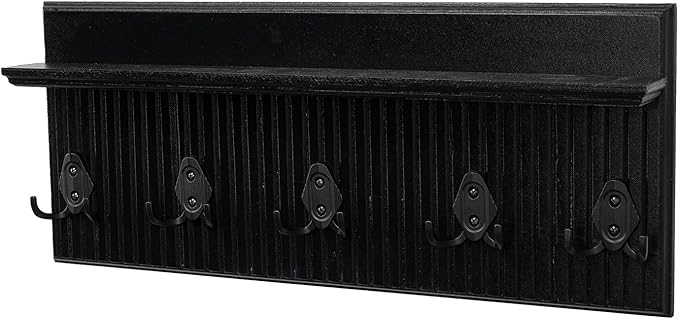 Rustic Wall Mounted Coat Rack with Shelf Wooden Entryway Organizer with 5 Metal Hooks for Coats Hats Towels Keys Floating Storage Shelf for Bathroom Bedroom (Black, 24 inch Striped (4 Hooks))