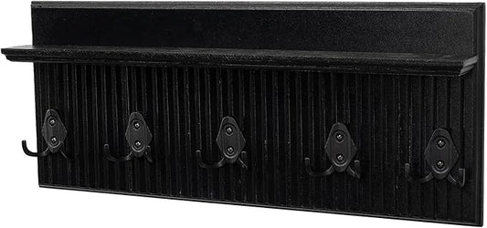 Rustic Wall Mounted Coat Rack with Shelf Wooden Entryway Organizer with 5 Metal Hooks for Coats Hats Towels Keys Floating Storage Shelf for Bathroom Bedroom (Black, 24 inch Striped (4 Hooks))