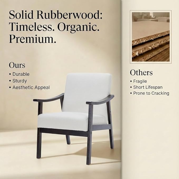 Mid-Century Modern Accent Chair, Upholstered Arm Chair Solid Wood Frame for Lounge, Living Room, Reading Room, Bedroom (Ancient White)