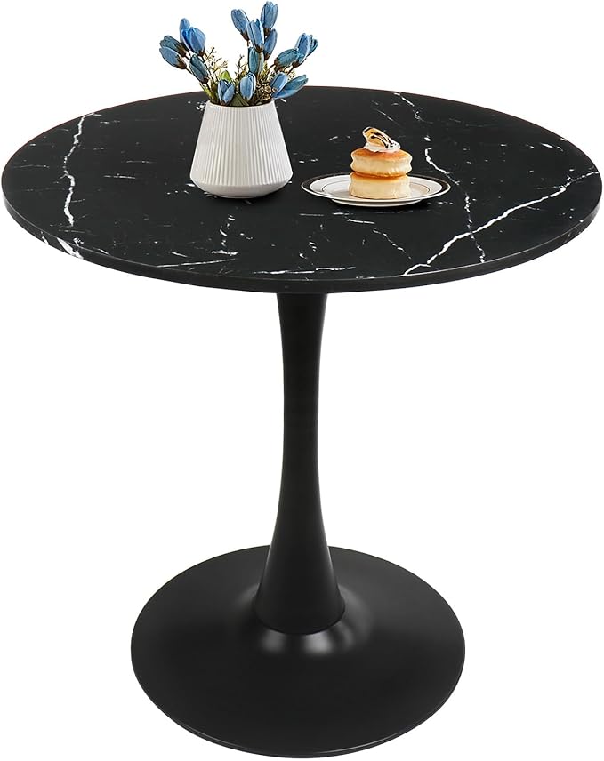 Round Dining Table 27.5" Faux Marble Black Tulip Table with Pedestal Base for 2-4 People Small Space - Kitchen Living Room Cafe