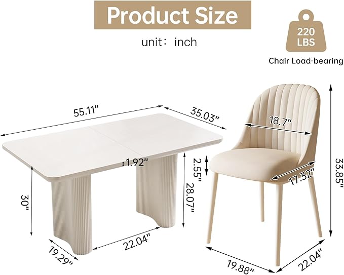 5-Piece Modern Dining Set, 55.11" Dining Table Set for 4, Rectangular Kitchen Table with 4 Chairs, White Dinner Tables for 4 Person