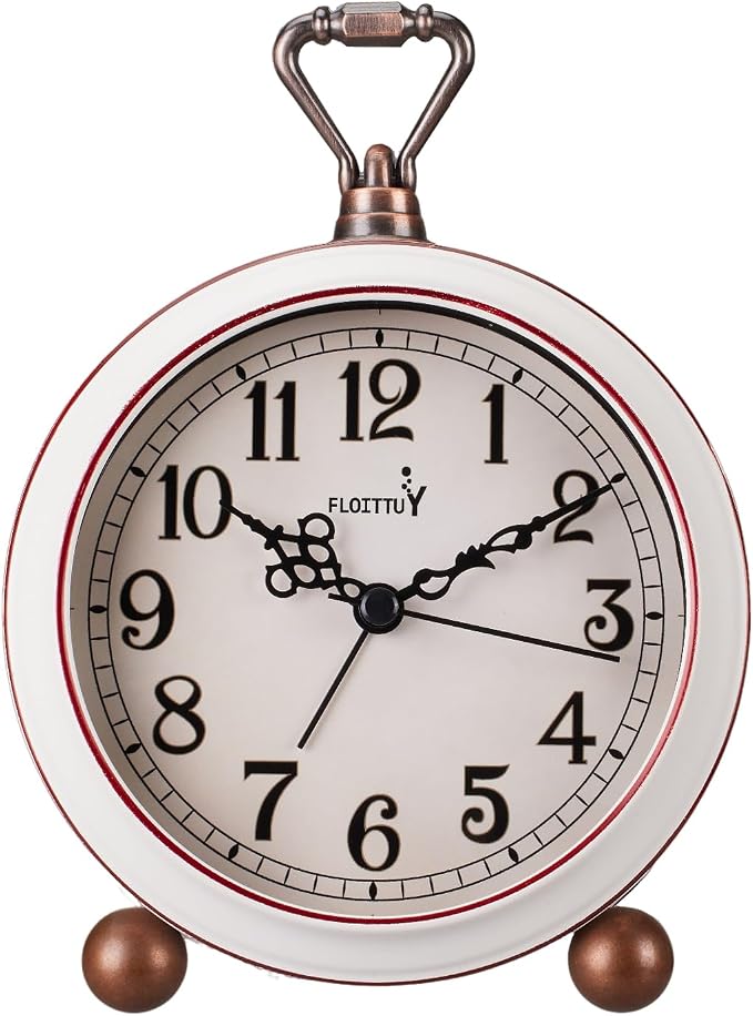 FLOITTUY 4.5" Battery Operated Antique Retro Analog Metal Alarm Clock, Silent Bedside Desk Clock, Wall-Hanging Vintage Clock(Vintage White)