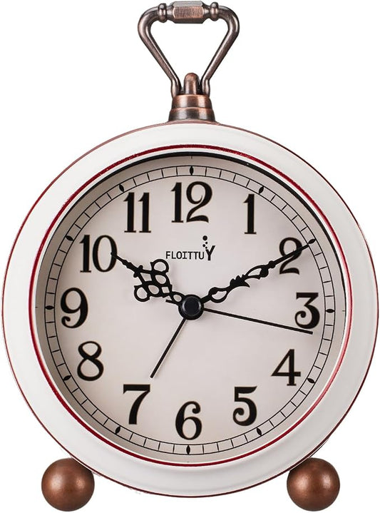 FLOITTUY 4.5" Battery Operated Antique Retro Analog Metal Alarm Clock, Silent Bedside Desk Clock, Wall-Hanging Vintage Clock(Vintage White)