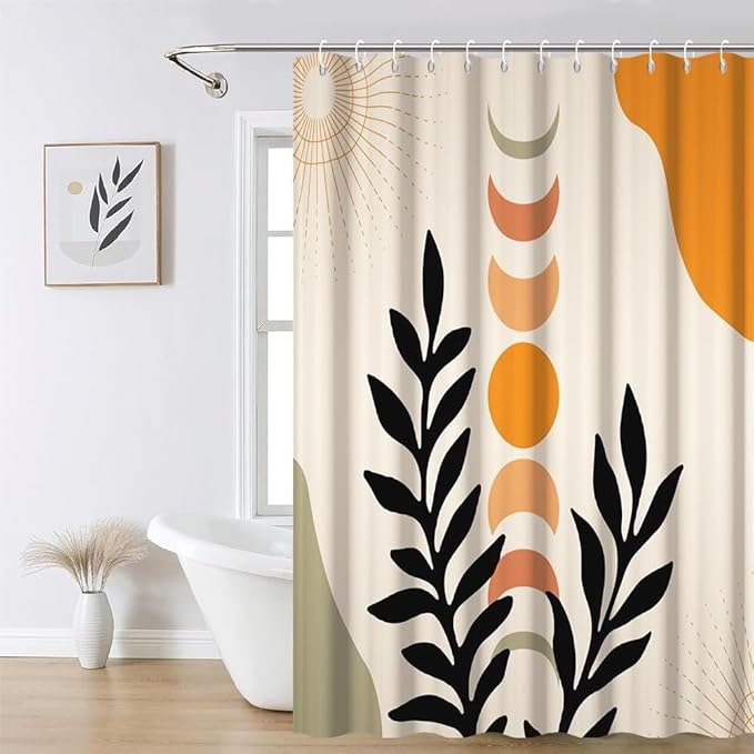 Mid Century Boho Shower Curtain for Bathroom Black Leaves Orange Sun Moons Bathtub Curtains Modern Bohemian Abstract Bathroom Decor Set Washable Waterproof Polyester Fabric with Hooks 70x72 Inch
