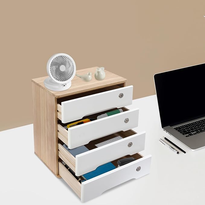 Desktop File Organizer with Lock, 2/3/4 Tier Multi-Drawer Wooden Storage Cabinet, Office Supply Organizer for Home Desk, Study & Workplace (Natural + White, 4 Layers)