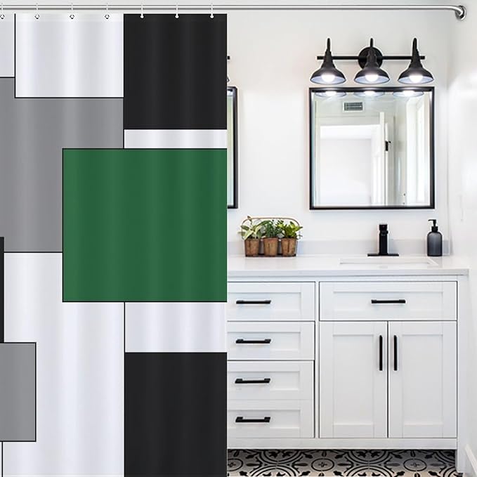 Retro Geometric Shower Curtain,Green Black Modern Geometry Minimalist Neutral Design Bathroom Curtain Polyester Waterproof Fabric Decor 72x72in（183x183cm）