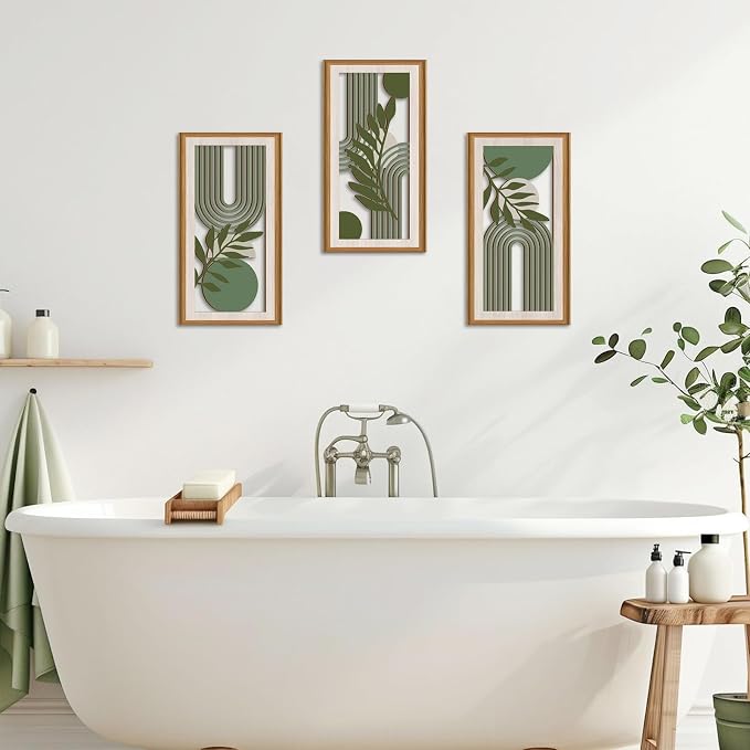 Ausril Green Boho Wall Decor,Boho Botanical Wall Decor Sage Green,Mid-century Modern Decor,Abstract Bohemian Artwork Geometric Line,Minimalism Boho Plants Hanging Sign for Home Living Room Bedroom