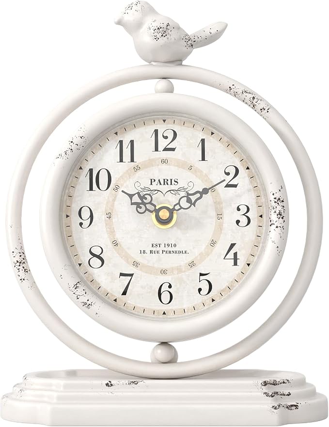 White Vintage Table Clock with Bird, European Retro Style Mantel Clocks, Desk and Shelf Decor Clock, for Living Room, Farmhouse, Bedside, Bedroom, Gift (7.9" H x 6.3" W)