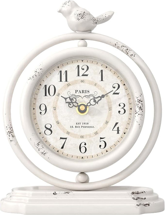 White Vintage Table Clock with Bird, European Retro Style Mantel Clocks, Desk and Shelf Decor Clock, for Living Room, Farmhouse, Bedside, Bedroom, Gift (7.9" H x 6.3" W)