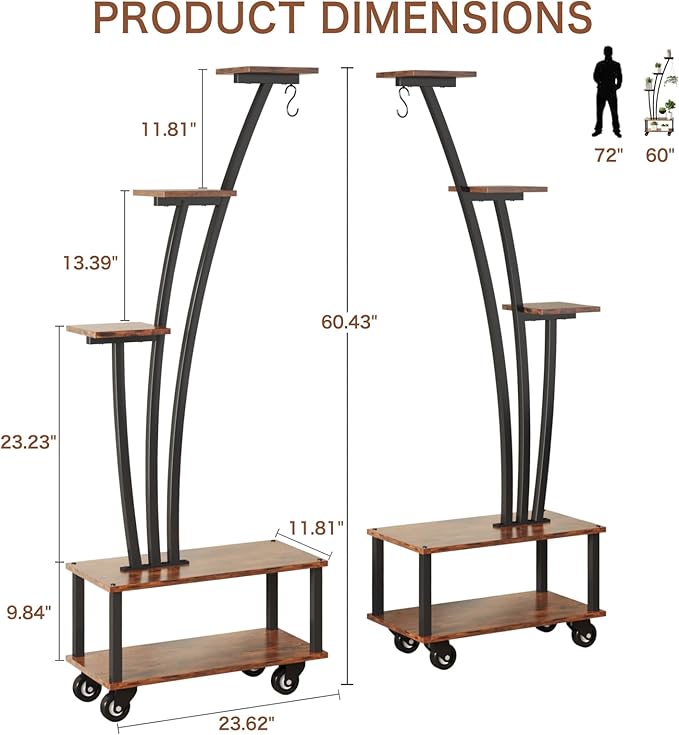 5-Tiered Tall Plant Stand Indoor, Cone-shaped Metal Plant Stand with Wheels and Hanging Hooks, Farmhouse Wood Plant Shelf Indoor for Living Room, Balcony, Garden, Rustic Brown (2 Pack)