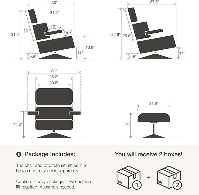 Mid Century Chaise Lounge Chair and Ottoman, Reading Chair, Leather Accent Chair, Modern Chair, Classic Design, Heavy Duty Base Support for Living Room Lounge Office (Walnut-Black, Upgraded)