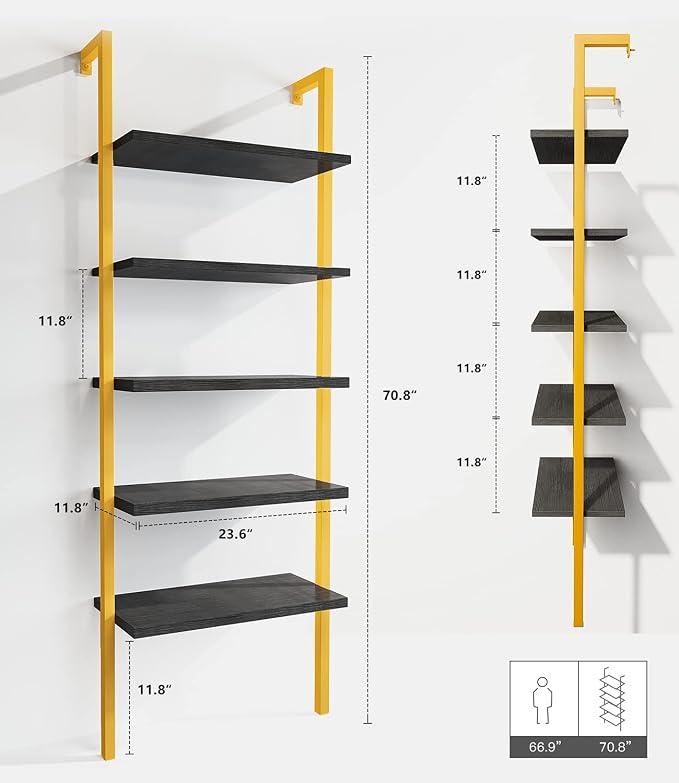 DKLGG 5-Tier Ladder Shelf, Industrial Wall Mounted Bookshelf, Narrow Ladder Bookcase with Wood Board and Metal Frame, Open Display Shelf for Living Room, Bedroom, Office, Black and Gold