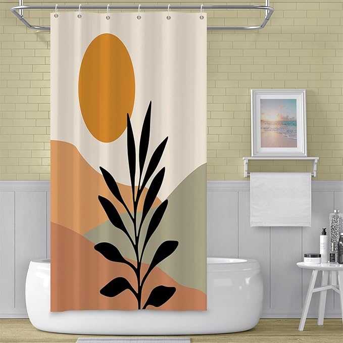 Bohemian Bathroom Shower Curtain Orange Sun Eucalyptus Leaves Abstract Mountain Boho Theme Bath Curtain with Hooks Waterproof Fabric Polyester Shower Curtain Modern Home Decor, 36x72 Inch