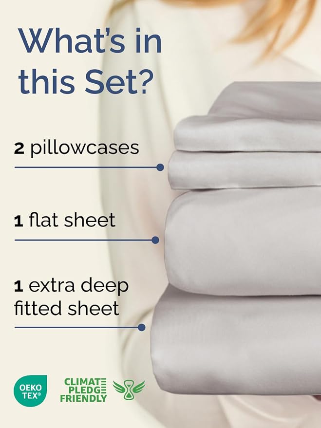Extra Deep Twin Sheet Set - 4 Piece Breathable and Cooling Sheets - Hotel Luxury Bedding for Women, Men, Kids & Teens - Easy Secure Fit - Soft, Wrinkle Free & Comfy - Extra Deep Pockets - French Grey