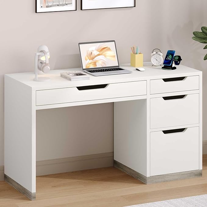 MaverickFurni White Desk with 4 Drawers, 52 Inch Modern Computer Desk with Storage for Bedroom, Home Office Writing Desk for Small Spaces, Minimalist White Writing Desk