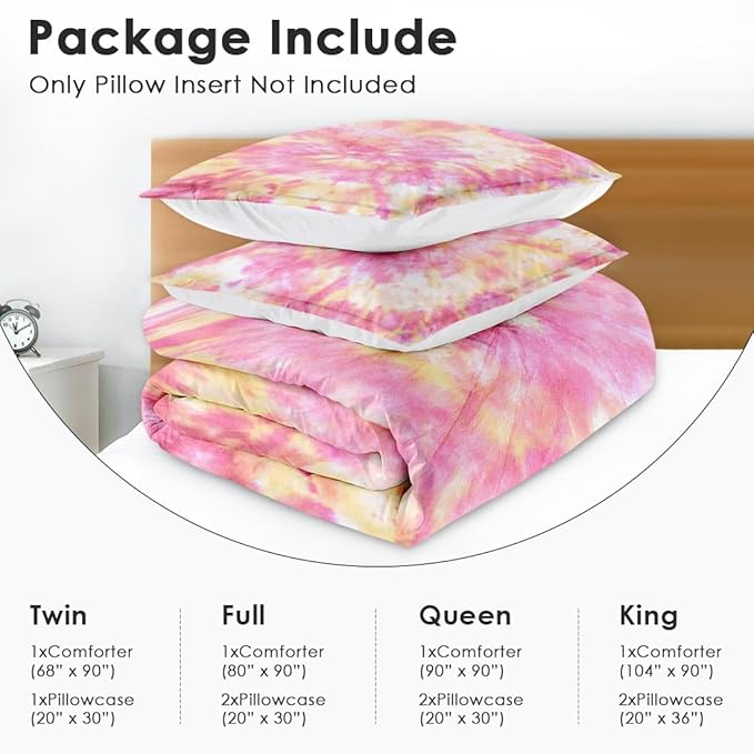 Hippie Tie Dye Orange Queen Comforter Set, Pink Peach Light Bedding Set 3 Piece, All Season Soft Toddlers Children Adults Bedroom Bed Decoration Comforter and 2 Pillow Shams