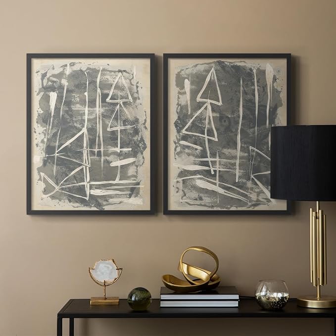 Renditions Gallery Set of 2 Peel & Stick Framed Prints, Trendy Abstract Wall Art, Textured Linework Striking Wall Decor, Re-Stickable - Ready to Hang - 22"x28" - Black Frame LT588